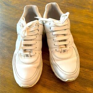 CHANEL Leather Sneakers White Women's Size 39 Classic tweed Accents